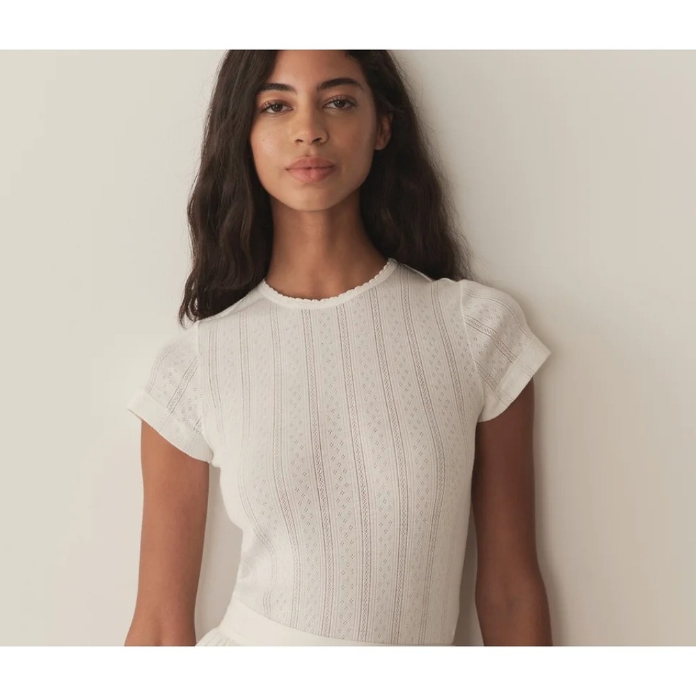 DOEN Salt Pointelle Knit Short Sleeve Tee White Scalloped Crew Neck Top Size M